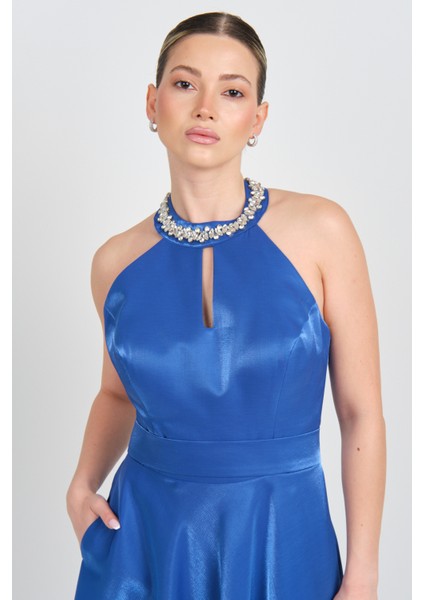 Kadın Halter Yaka Saten Midi Abiye Elbise 5624 Saks