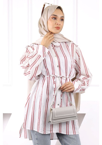 Bordo Taş Detaylı Çizgili Tunik
