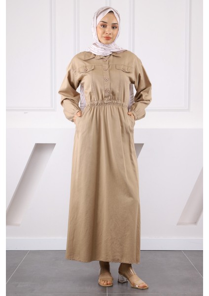 Taş Bel Lastikli Cepli Gabardin Elbise