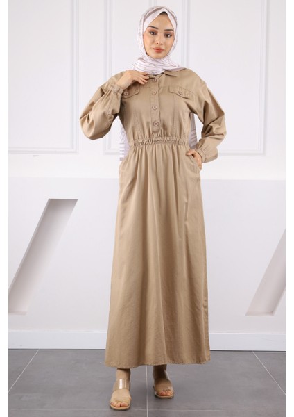 Taş Bel Lastikli Cepli Gabardin Elbise fiyatları