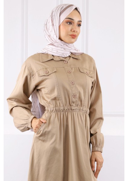 Taş Bel Lastikli Cepli Gabardin Elbise fırsatları