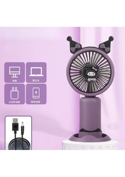 Kuromi Sanrio Şarjlı USB Telefon Tutucu Mini El Fanı Vantilatör Soğutucu