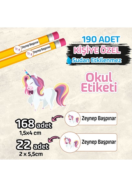 Okul Etiketi Kişiye Özel Kalem Defter Etiketi Unicorn 190 Adet