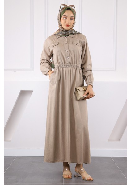Vizon Bel Lastikli Cepli Gabardin Elbise