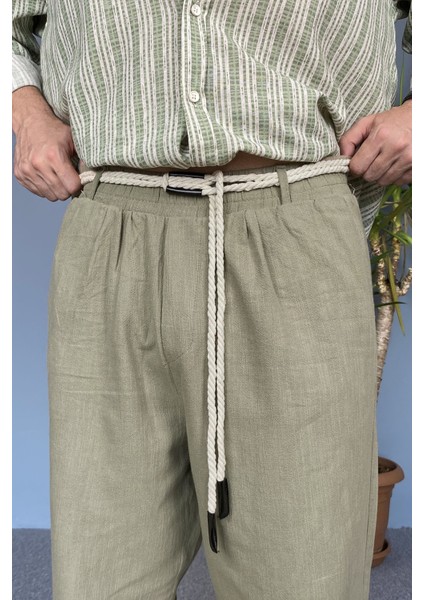 Rahat Kesim Keten Kumaş Bağcıklı Baggy Pantolon
