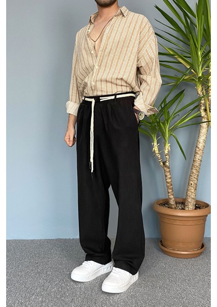 Rahat Kesim Keten Kumaş Bağcıklı Baggy Pantolon