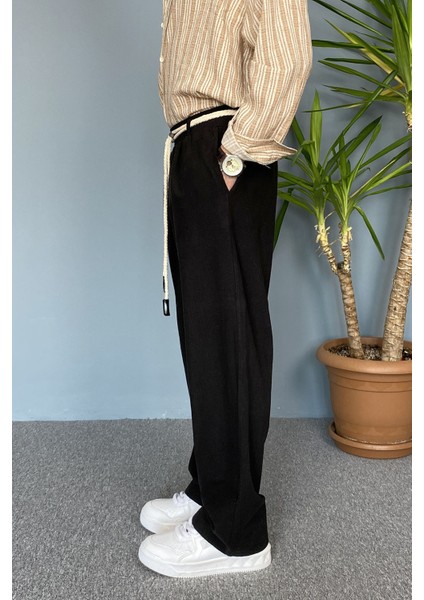 Rahat Kesim Keten Kumaş Bağcıklı Baggy Pantolon