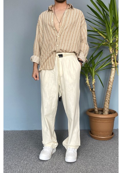 Rahat Kesim Keten Kumaş Bağcıklı Baggy Pantolon