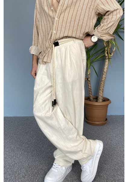 Rahat Kesim Keten Kumaş Bağcıklı Baggy Pantolon