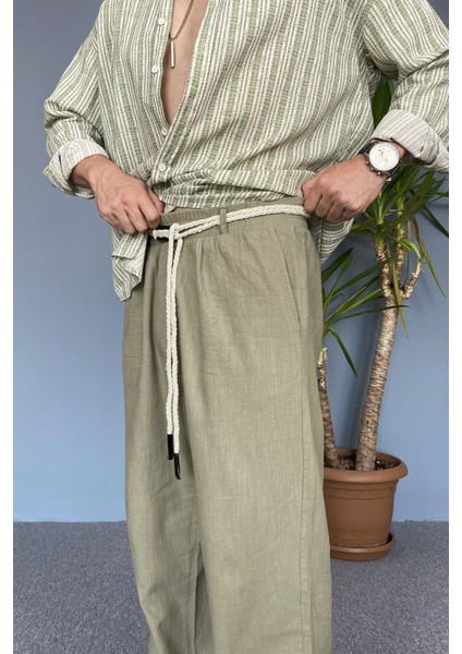 Rahat Kesim Keten Kumaş Bağcıklı Baggy Pantolon