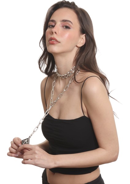 Kadın Antik Gümüş Kaplama 2' Li Fleur De Lys Uçlu Kolye& Choker modelleri