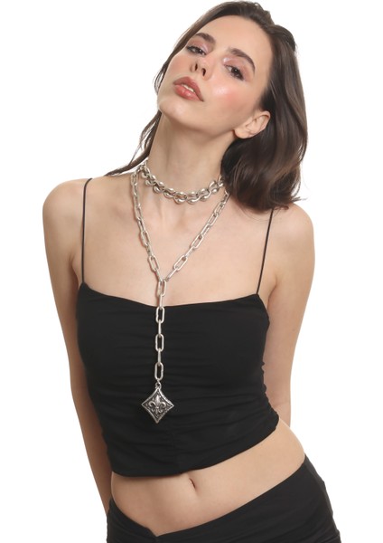 Kadın Antik Gümüş Kaplama 2' Li Fleur De Lys Uçlu Kolye& Choker fırsatları
