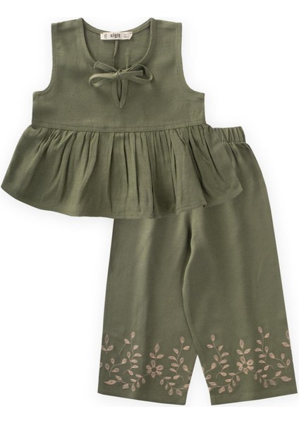 Paçaları Nakışlı Keten Takım 2-7 Yaş Haki Yeşil