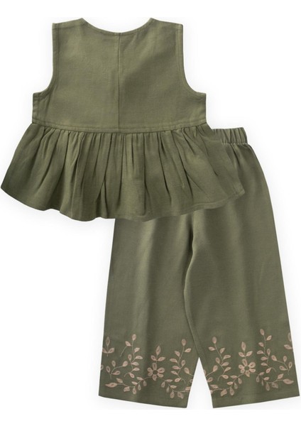 Paçaları Nakışlı Keten Takım 2-7 Yaş Haki Yeşil fiyatları