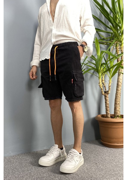 Kargo Cepli Bağcıklı Siyah Kot Şort