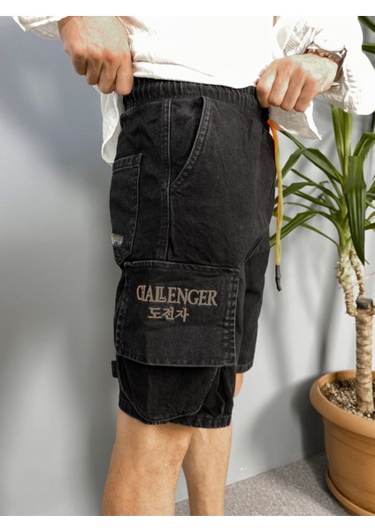 Kargo Cepli Bağcıklı Siyah Kot Şort fiyatları