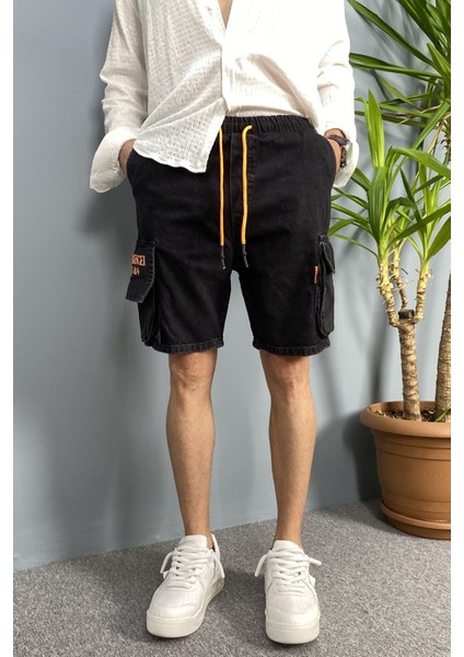 Kargo Cepli Bağcıklı Siyah Kot Şort modelleri