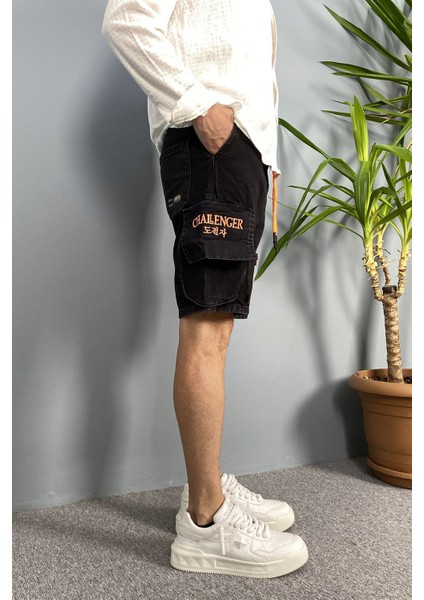 Kargo Cepli Bağcıklı Siyah Kot Şort indirimleri