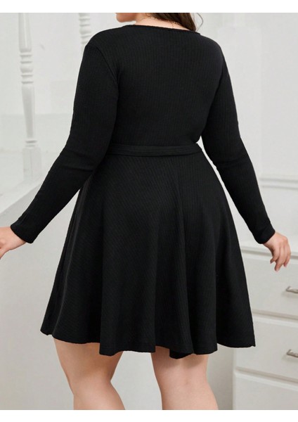 Kadın Uzun Kollu Kruvaze Yaka Kuşak Detay Salaş Şardonlu Kaşkorse Mini Elbise indirimleri