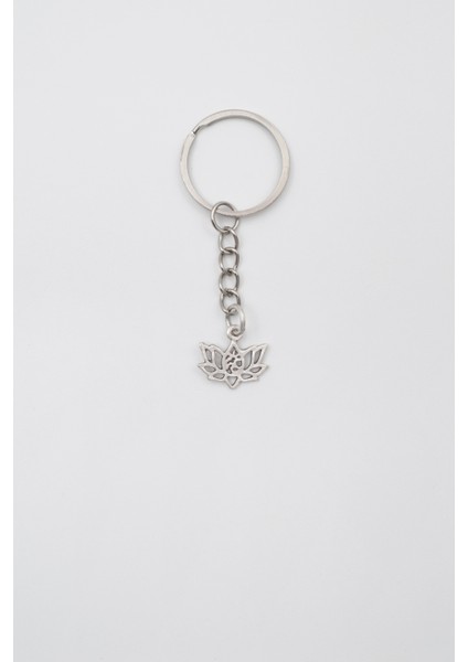 Minimal Om Sembollü Lotus Çiçeği Anahtarlık - Antik Gümüş Kaplama - Kadın Erkek