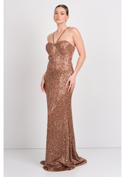 Kadın Pul Payet Göğüs Dekolteli Saten Askılı Maksi Boy Abiye Elbise 58004 Bakır