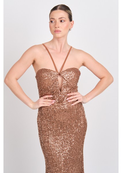 Kadın Pul Payet Göğüs Dekolteli Saten Askılı Maksi Boy Abiye Elbise 58004 Bakır modelleri