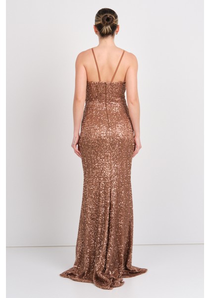 Kadın Pul Payet Göğüs Dekolteli Saten Askılı Maksi Boy Abiye Elbise 58004 Bakır fırsatları