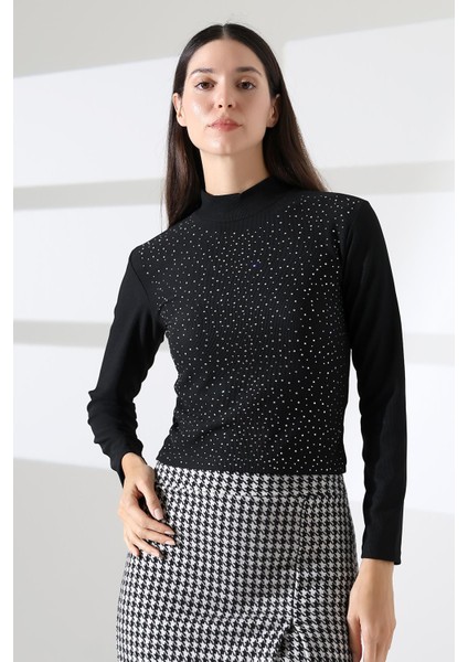 Kadın Uzun Kol Taşlı Bluz, Yarım Balıkçı Yaka (Boğazlı) Body B921