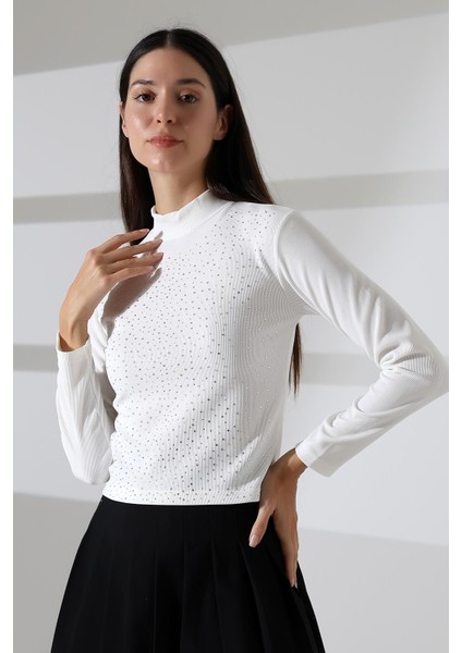 Kadın Uzun Kol Taşlı Bluz, Yarım Balıkçı Yaka (Boğazlı) Body B921