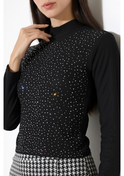 Kadın Uzun Kol Taşlı Bluz, Yarım Balıkçı Yaka (Boğazlı) Body B921 indirimleri