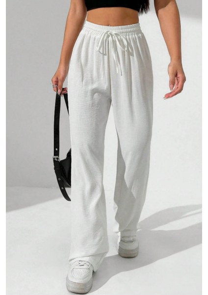 Beyaz Bol Paça Müslin Kadın Pantolon