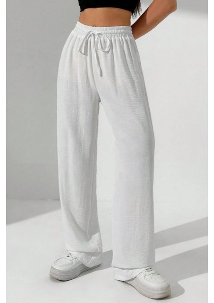 Beyaz Bol Paça Müslin Kadın Pantolon modelleri