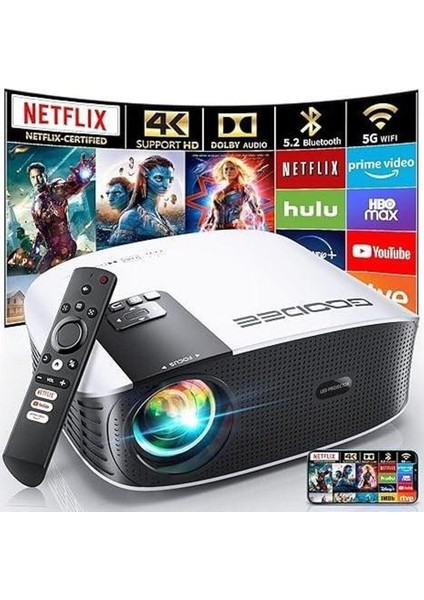Akıllı 4K Projektör 5g Wıfı ve Bluetooth, Netflix 1080P
