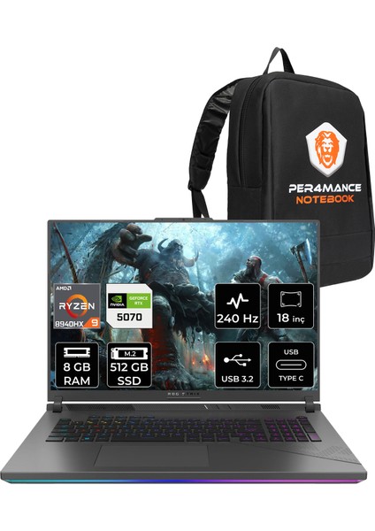Rog Strix G18 Amd Ryzen 9 8940HX 8gb 512GB SSD RTX5070/8GB 18" Qhd+ 240Hz Freedos Taşınabilir Bilgisayar & Per4 Çanta G814PPS9002P302