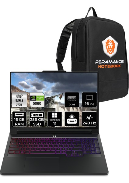 Legion Pro 7 Intel Core Ultra 9 275HX 16GB 256GB SSD RTX5080/16GB 175W 16" Qhd+ OLED 240Hz Windows 11 Pro Taşınabilir Bilgisayar & Per4 Çanta 83F5004STRP386