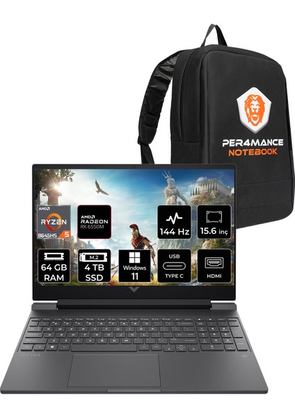 Victus 15 Amd Ryzen 5 8645HS 64GB 4tb SSD RX6550M/4GB 15.6" Fhd 144Hz Windows 11 Home Taşınabilir Bilgisayar & Per4 Çanta B82WJEAPN375