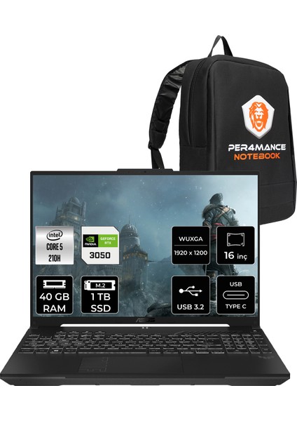 Tuf Gaming F16 Intel Core 5 210H 40GB 1tb SSD RTX3050/6GB 16" Fhd+ 144Hz Freedos Taşınabilir Bilgisayar & Per4 Çanta FX607VJRL033P338