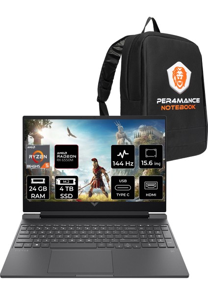 Victus 15 Amd Ryzen 5 8645HS 24GB 4tb SSD RX6550M/4GB 15.6" Fhd 144Hz Freedos Taşınabilir Bilgisayar & Per4 Çanta B82WJEAPN315