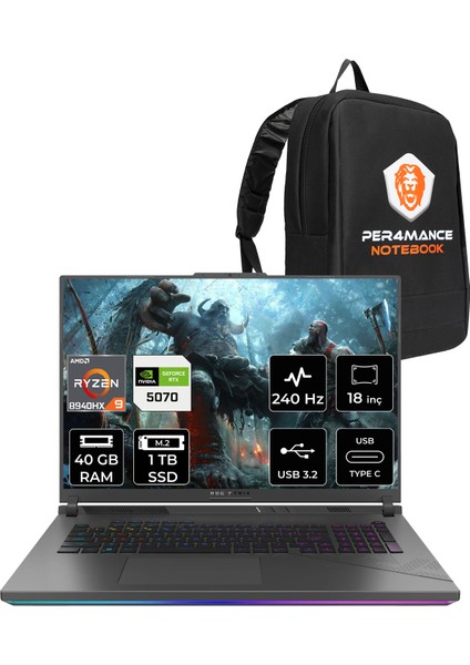 Rog Strix G18 Amd Ryzen 9 8940HX 40GB 1tb SSD RTX5070/8GB 18" Qhd+ 240Hz Freedos Taşınabilir Bilgisayar & Per4 Çanta G814PPS9002P323