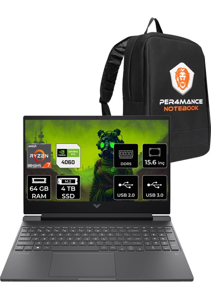 Victus 15 Amd Ryzen 7 8845HS 64GB 4tb SSD RTX4060/8GB 15.6" Fhd 144Hz Freedos Taşınabilir Bilgisayar & Per4 Çanta B82N6EAPN335