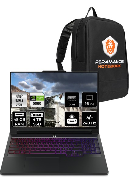 Legion Pro 7 Intel Core Ultra 9 275HX 48GB 4tb SSD RTX5080/16GB 175W 16" Qhd+ OLED 240Hz Freedos Taşınabilir Bilgisayar & Per4 Çanta 83F5004STRP330