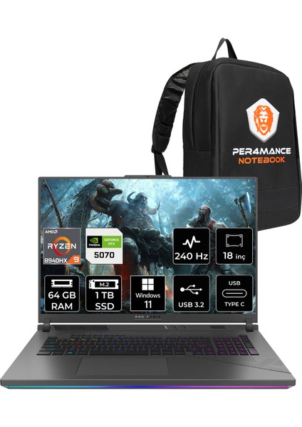 Rog Strix G18 Amd Ryzen 9 8940HX 64GB 1tb SSD RTX5070/8GB 18" Qhd+ 240Hz Windows 11 Home Taşınabilir Bilgisayar & Per4 Çanta G814PPS9002P373