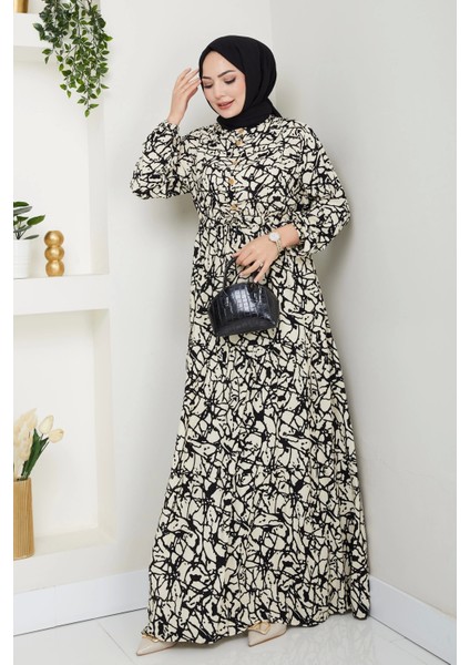 Fırça Desen Yarım Düğmeli Elbise Krem