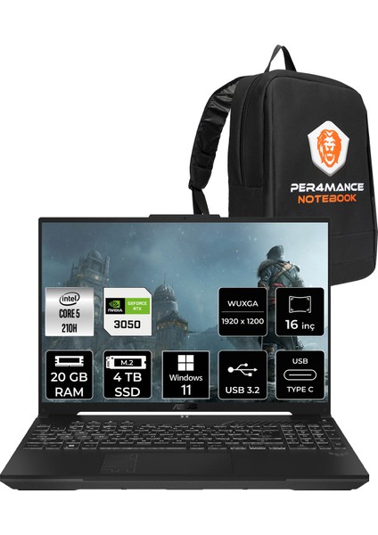 Tuf Gaming F16 Intel Core 5 210H 20GB 4tb SSD RTX3050/6GB 16" Fhd+ 144Hz Windows 11 Pro Taşınabilir Bilgisayar & Per4 Çanta FX607VJRL033P420
