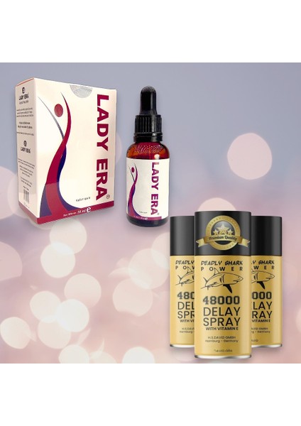 3 Kutu Orjinal Deadly Shark 48000 Gecıkme Erkek Sprey +Lady Era 30 ml Bayan Uyarıcı Destekleyici Damla