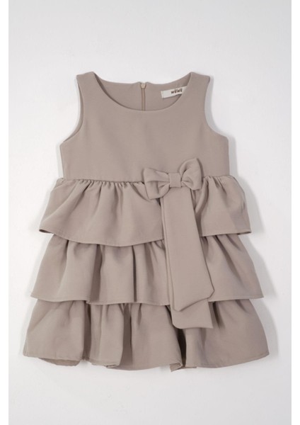 Bisiklet Yaka Kurdele Detaylı Eteği Fırfırlı Sıfır Kol Taş Rengi Kız Çocuk Elbise