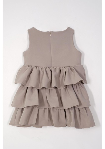 Bisiklet Yaka Kurdele Detaylı Eteği Fırfırlı Sıfır Kol Taş Rengi Kız Çocuk Elbise fiyatları