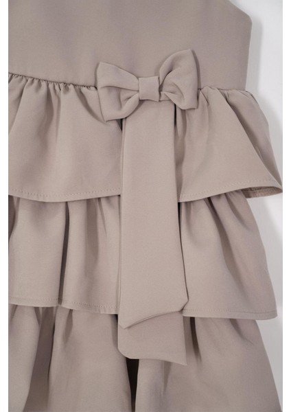 Bisiklet Yaka Kurdele Detaylı Eteği Fırfırlı Sıfır Kol Taş Rengi Kız Çocuk Elbise modelleri
