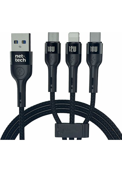 NT-DC13 Ip Örgü 100 cm USB To Micro + Lightning + Type-C Şarj ve Data Kablosu