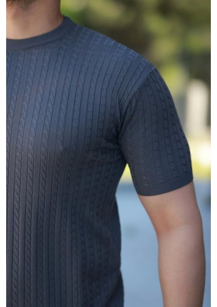 Erkek Bisiklet Yaka Örgü Desenli Kısa Örme Triko Kısa Kollu T-Shirt modelleri